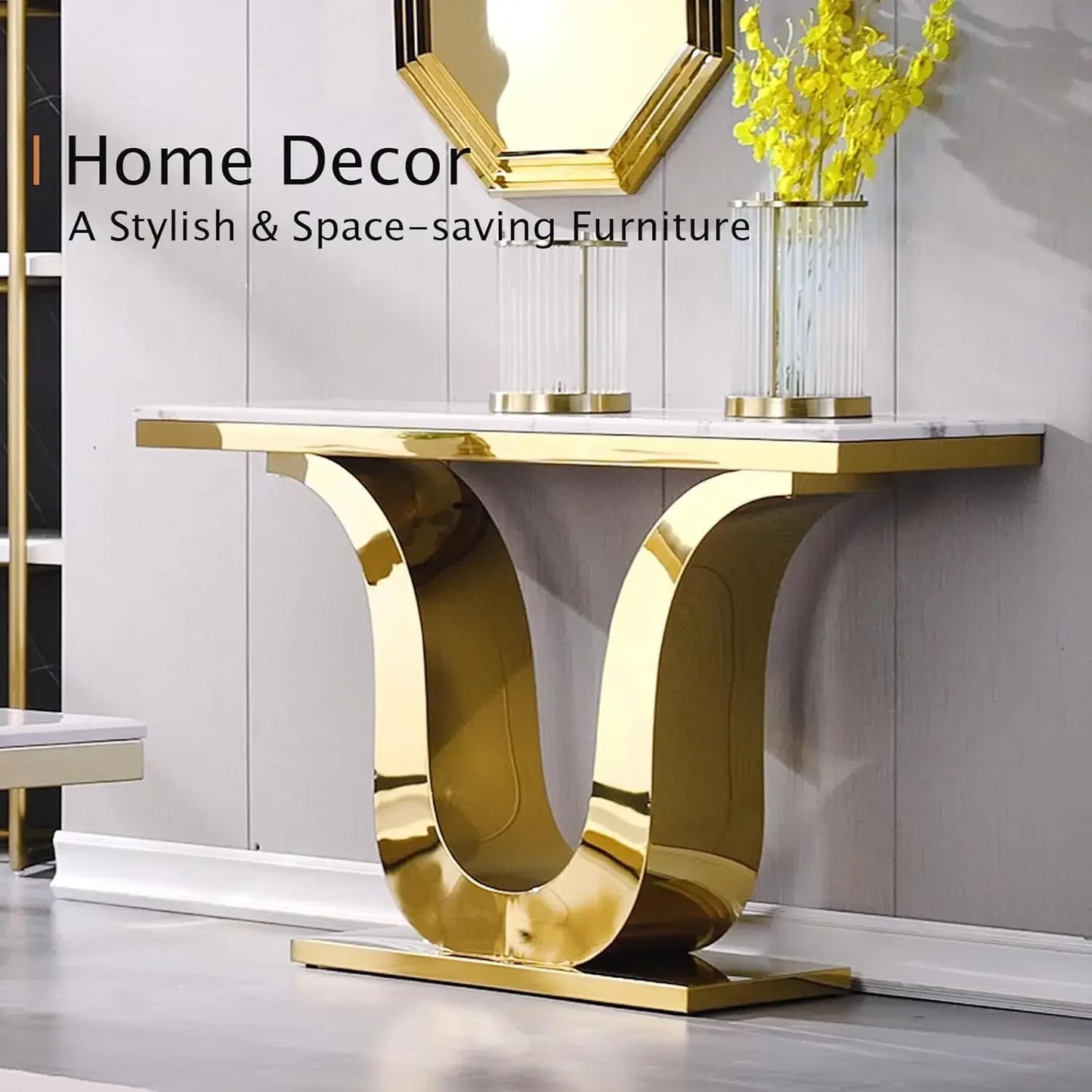 White and Gold 50 Inch Rectangle Console Table for Living Room Entryway Office Foyer Front Hall