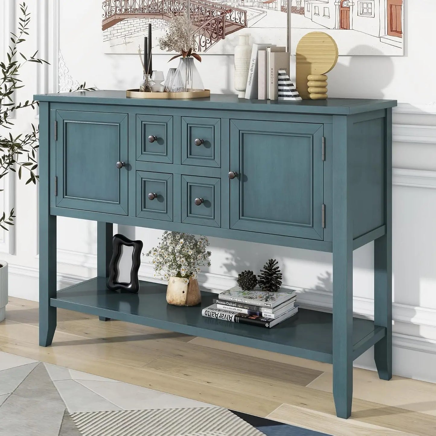 Console Table Sideboard Sofa Entryway Side Table Furniture with Six Drawers and Bottom Shelf for Living Room Home Decor