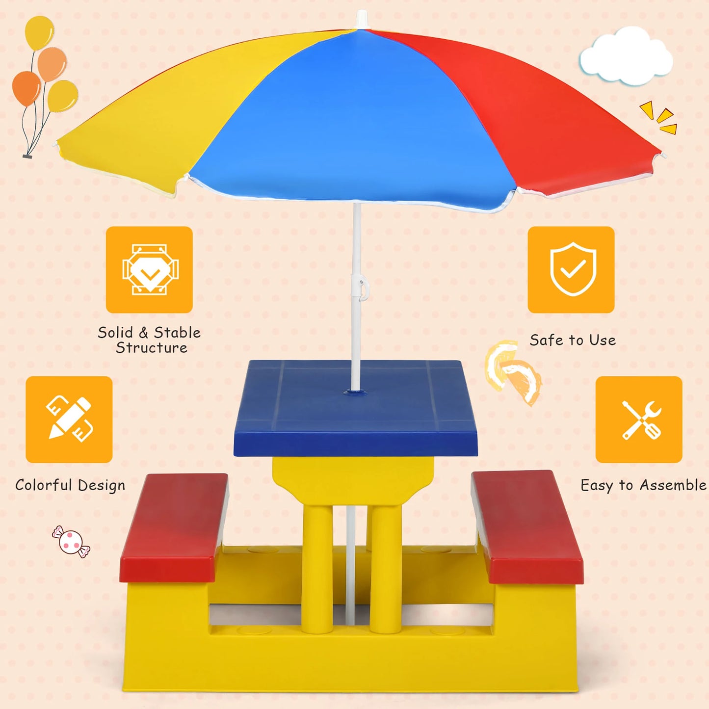 Kids Picnic Table Set With Removable Umbrella for Indoor Outdoor Garden Patio