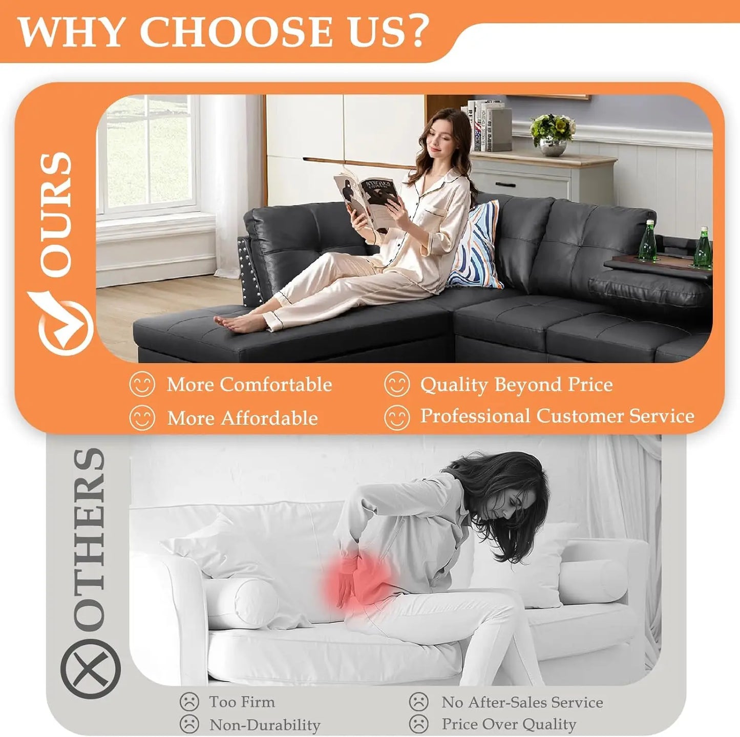 Sectional Sofa Couch Modern 4-Seaters Living Room Furniture Sets with Chaise Lounge Ottoman and 2 Pillows L Shape Couch