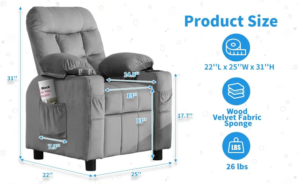 Toddlers Kids Recliner Chair Ergonomic Adjustable Chair with Footrest and Side Pockets Baby Sofa for Boys and Girls Bedroom Gray