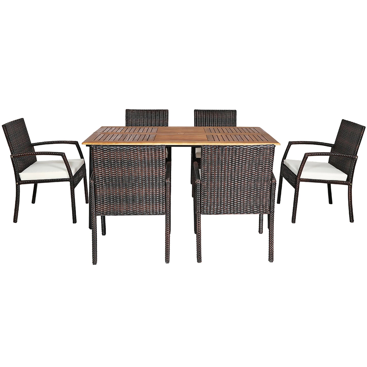 7 Piece Patio Rattan Dining Set with Wooden Table Top and Umbrella Hole