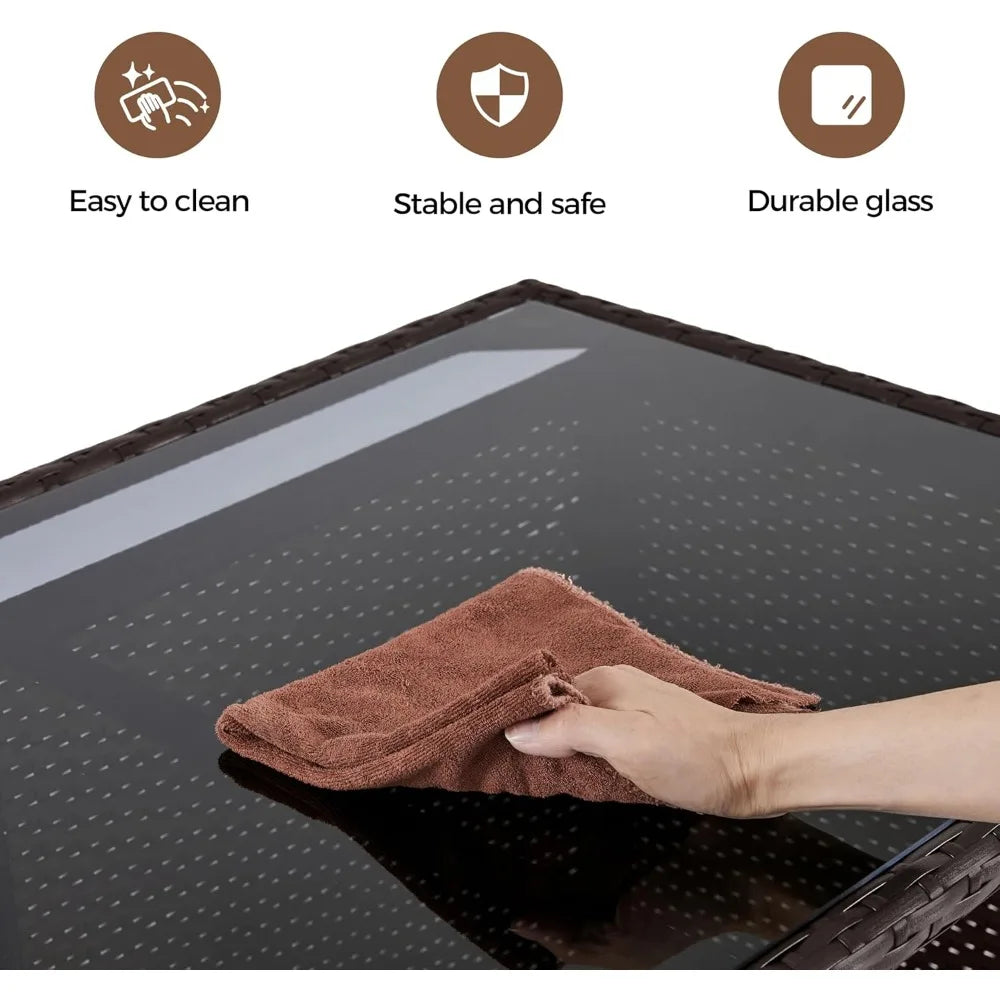 3 Piece Outdoor Bar Set Patio Wicker Bar Furniture with Glass Top Table Cushions and Two Stools Brown Khaki