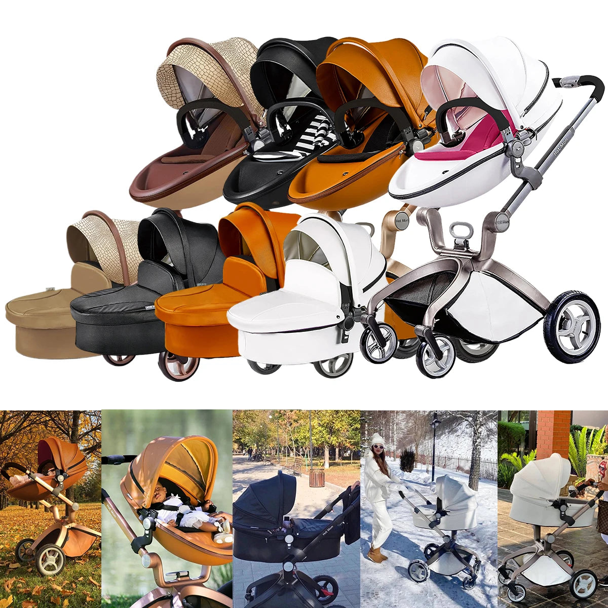 Baby Stroller High Landscape Convertible Infant Stroller Adjustable Canopy Backrest Storage Basket Foot Cover