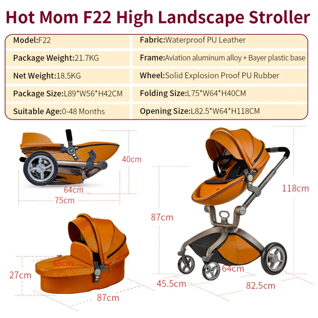 Baby Stroller High Landscape Convertible Infant Stroller Adjustable Canopy Backrest Storage Basket Foot Cover