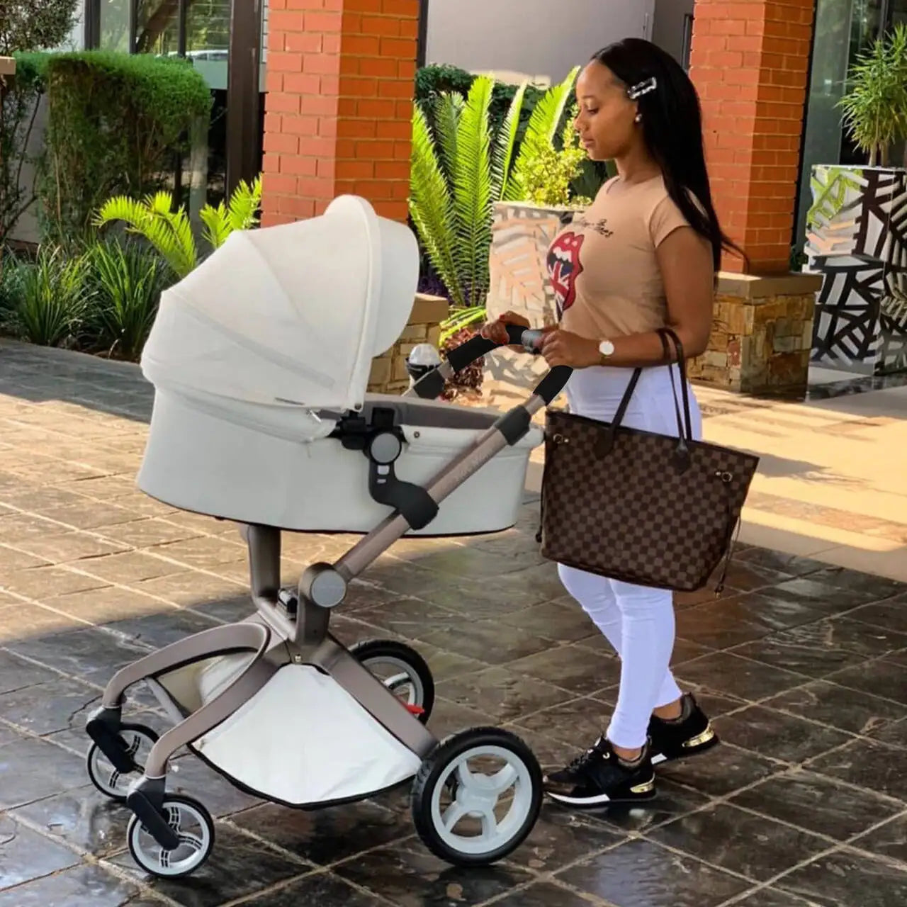 Baby Stroller High Landscape Convertible Infant Stroller Adjustable Canopy Backrest Storage Basket Foot Cover