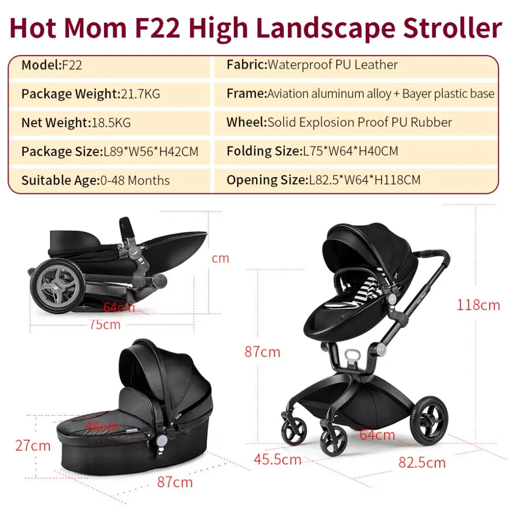 Baby Stroller High Landscape Convertible Infant Stroller Adjustable Canopy Backrest Storage Basket Foot Cover