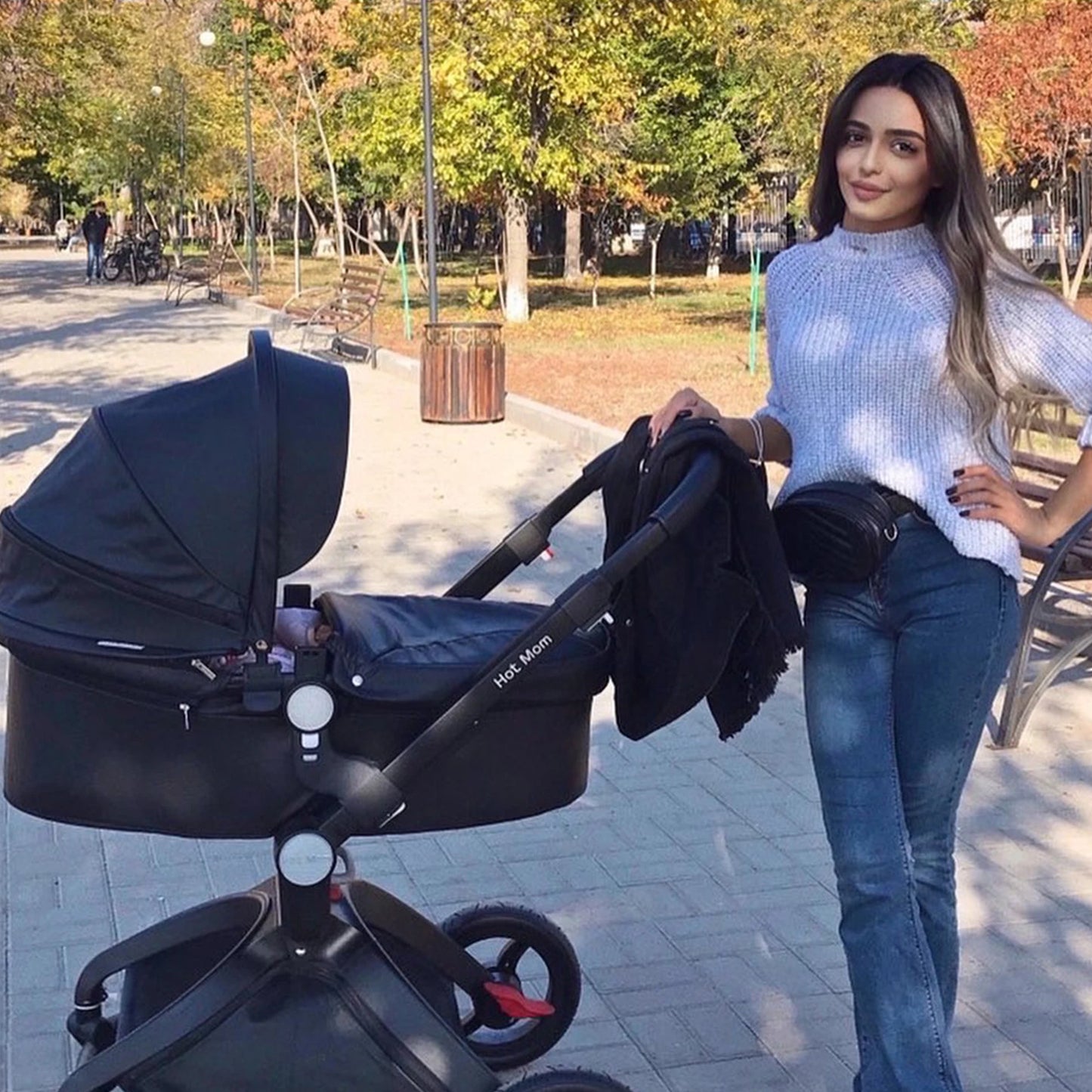 Baby Stroller High Landscape Convertible Infant Stroller Adjustable Canopy Backrest Storage Basket Foot Cover