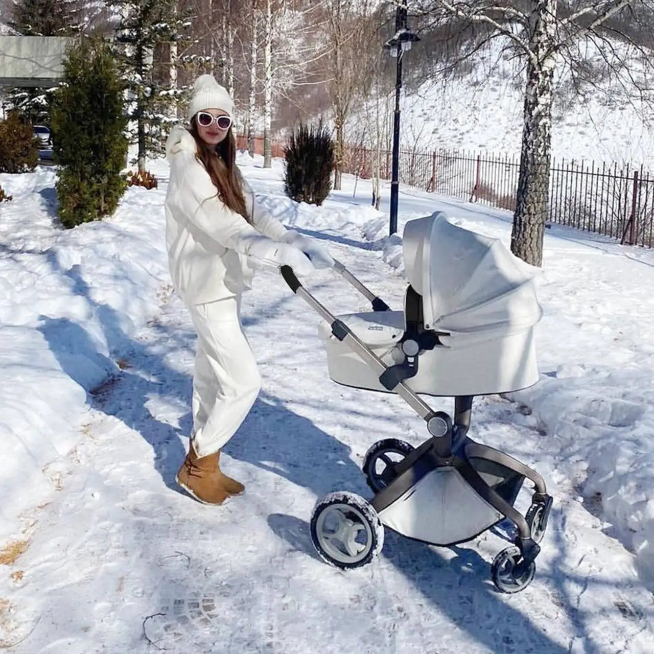 Baby Stroller High Landscape Convertible Infant Stroller Adjustable Canopy Backrest Storage Basket Foot Cover