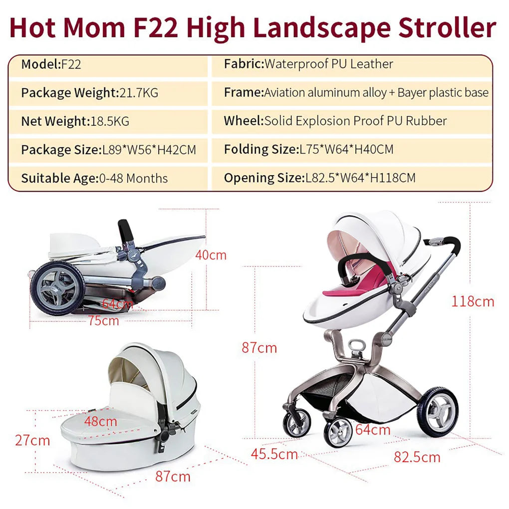 Baby Stroller High Landscape Convertible Infant Stroller Adjustable Canopy Backrest Storage Basket Foot Cover
