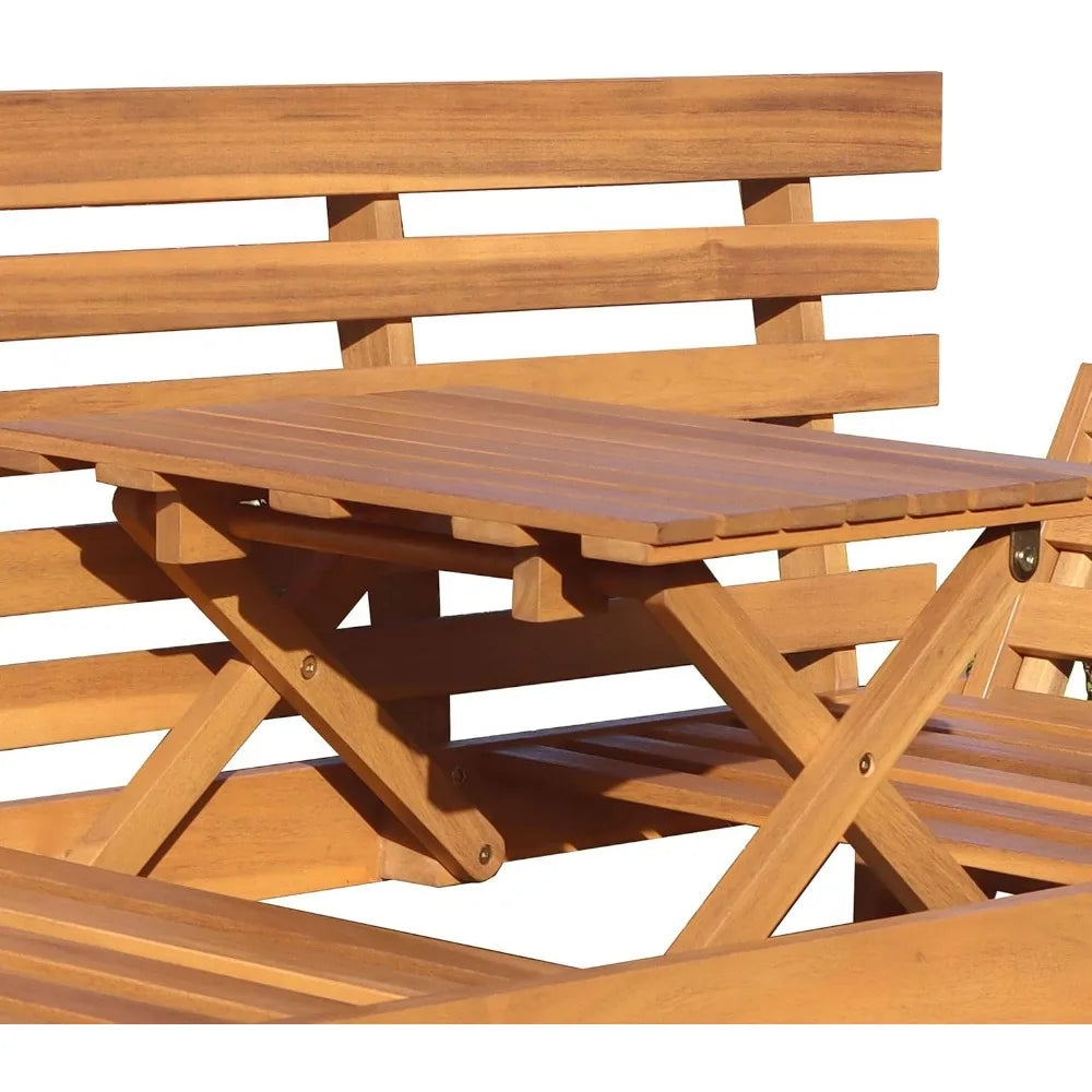 Outdoor Acacia Wood Patio 3 Seat Lounge with Fold Down Center Table Weather Resistant Outdoor Furniture