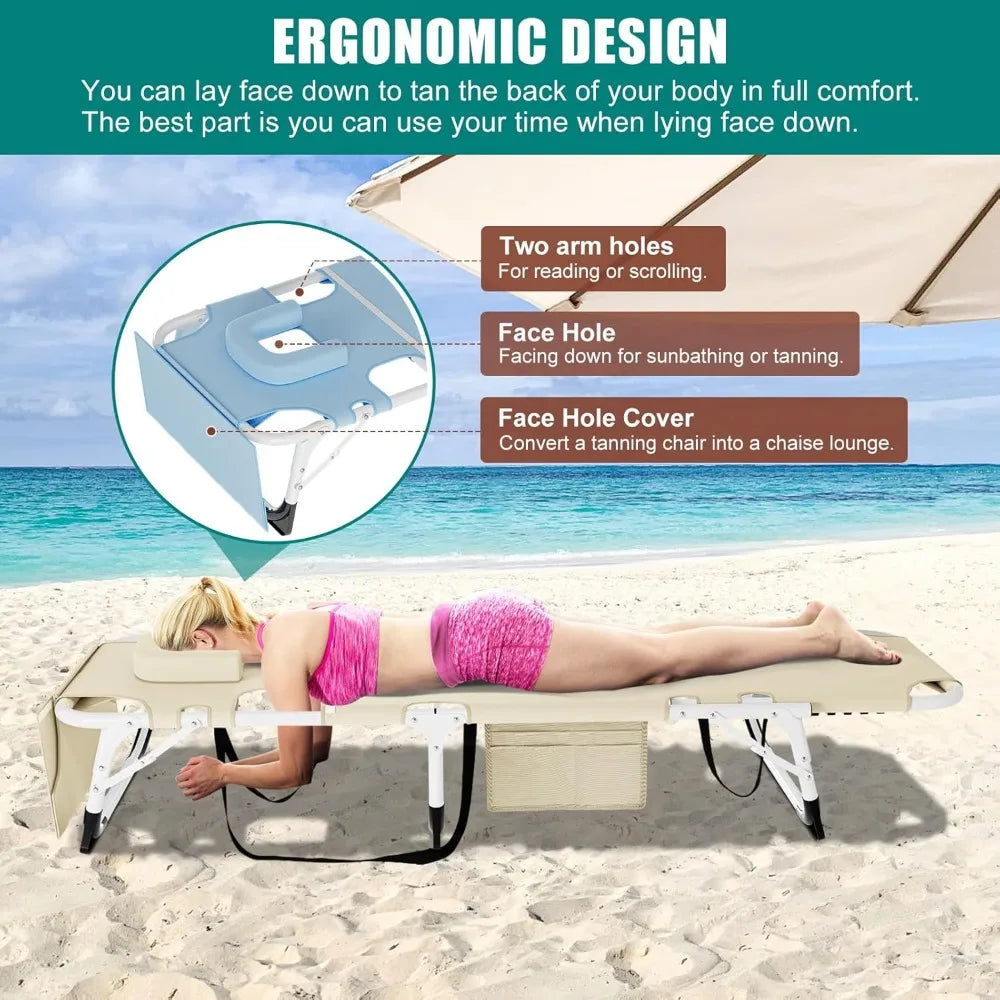 Heavy Duty Tanning Chair with Face Hole Adjustable 5 Position Folding Chaise Lounge for Outdoor Portable Lay Flat Beach