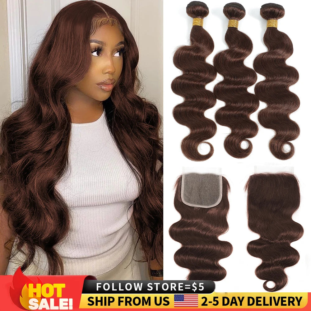10A Brazilian Body Wave Bundles with 4x4 Lace Closure Brown Blonde Remy Human Hair