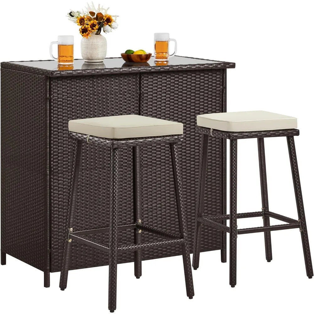 3 Piece Outdoor Bar Set Patio Wicker Bar Furniture with Glass Top Table Cushions and Two Stools Brown Khaki