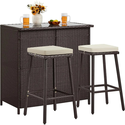 3 Piece Outdoor Bar Set Patio Wicker Bar Furniture with Glass Top Table Cushions and Two Stools Brown Khaki