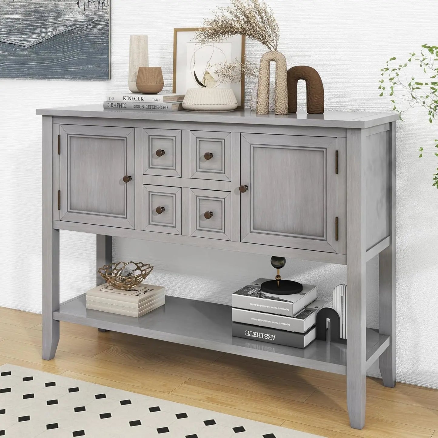 Console Table Sideboard Sofa Entryway Side Table Furniture with Six Drawers and Bottom Shelf for Living Room Home Decor