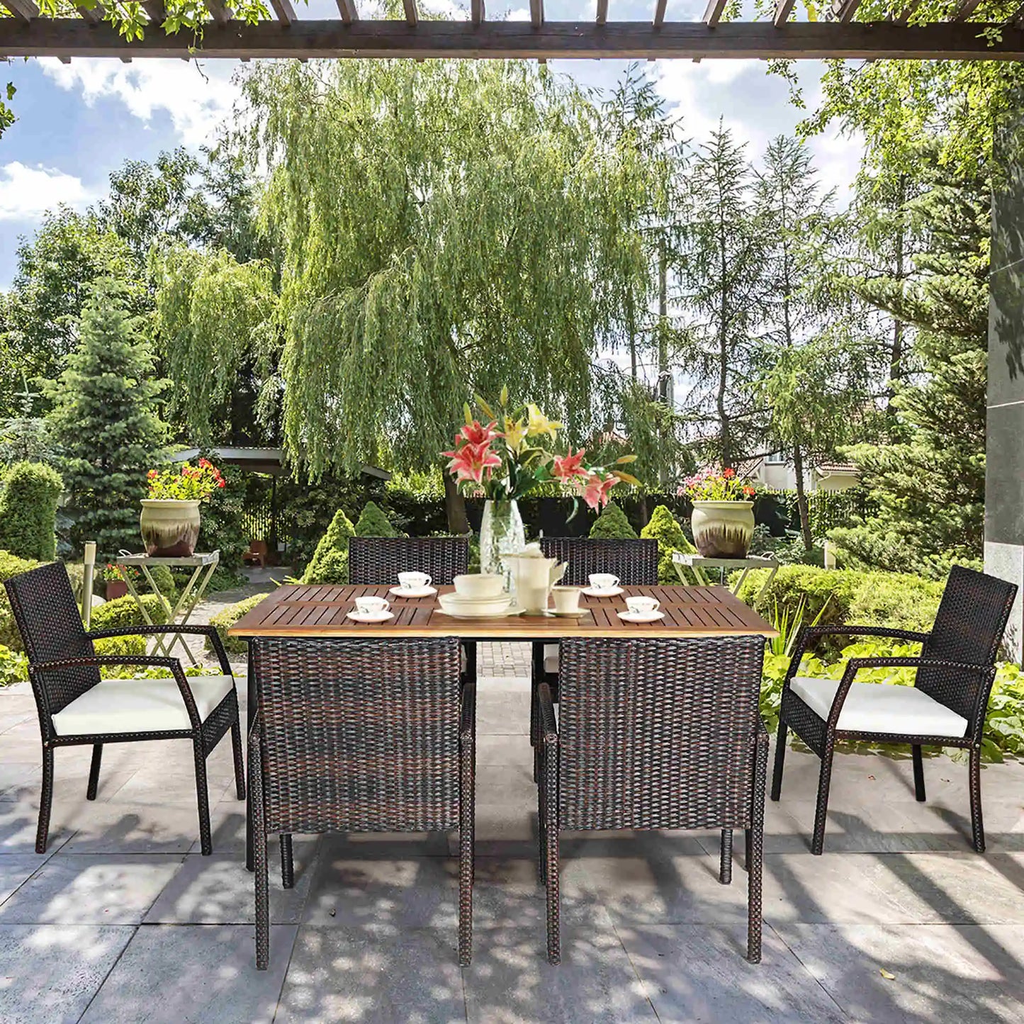 7 Piece Patio Rattan Dining Set with Wooden Table Top and Umbrella Hole