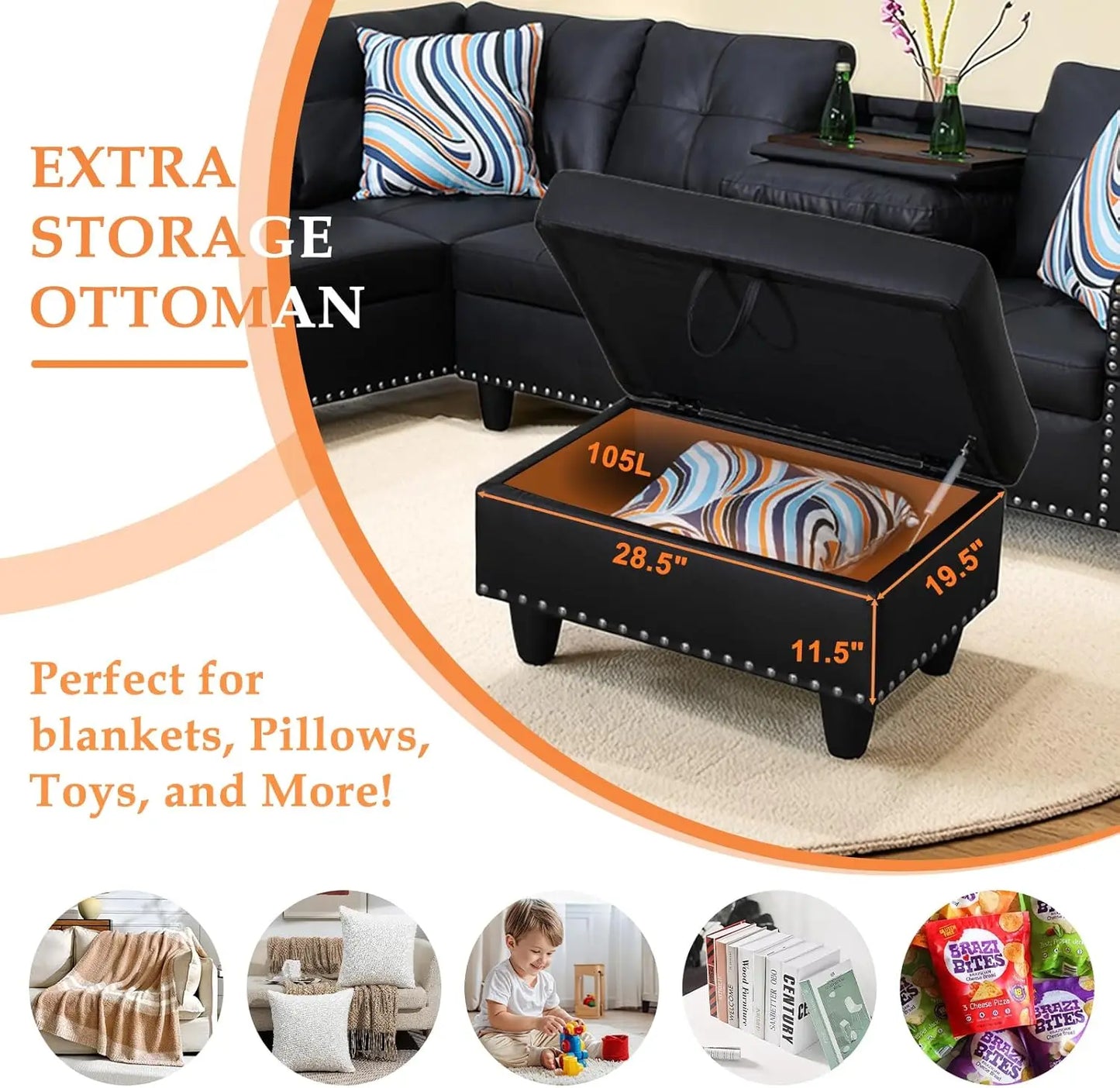 Sectional Sofa Couch Modern 4-Seaters Living Room Furniture Sets with Chaise Lounge Ottoman and 2 Pillows L Shape Couch