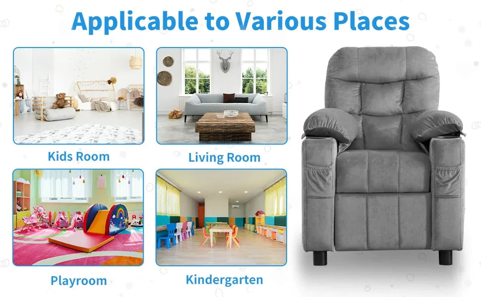 Toddlers Kids Recliner Chair Ergonomic Adjustable Chair with Footrest and Side Pockets Baby Sofa for Boys and Girls Bedroom Gray