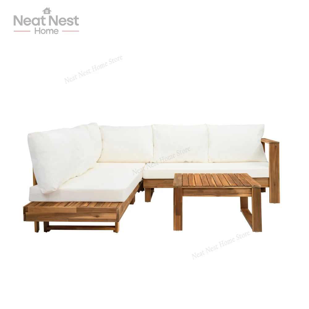 4 Piece Acacia Wood Patio Furniture L Shaped Sectional Sofa Set with Coffee Table and Built in Side Table
