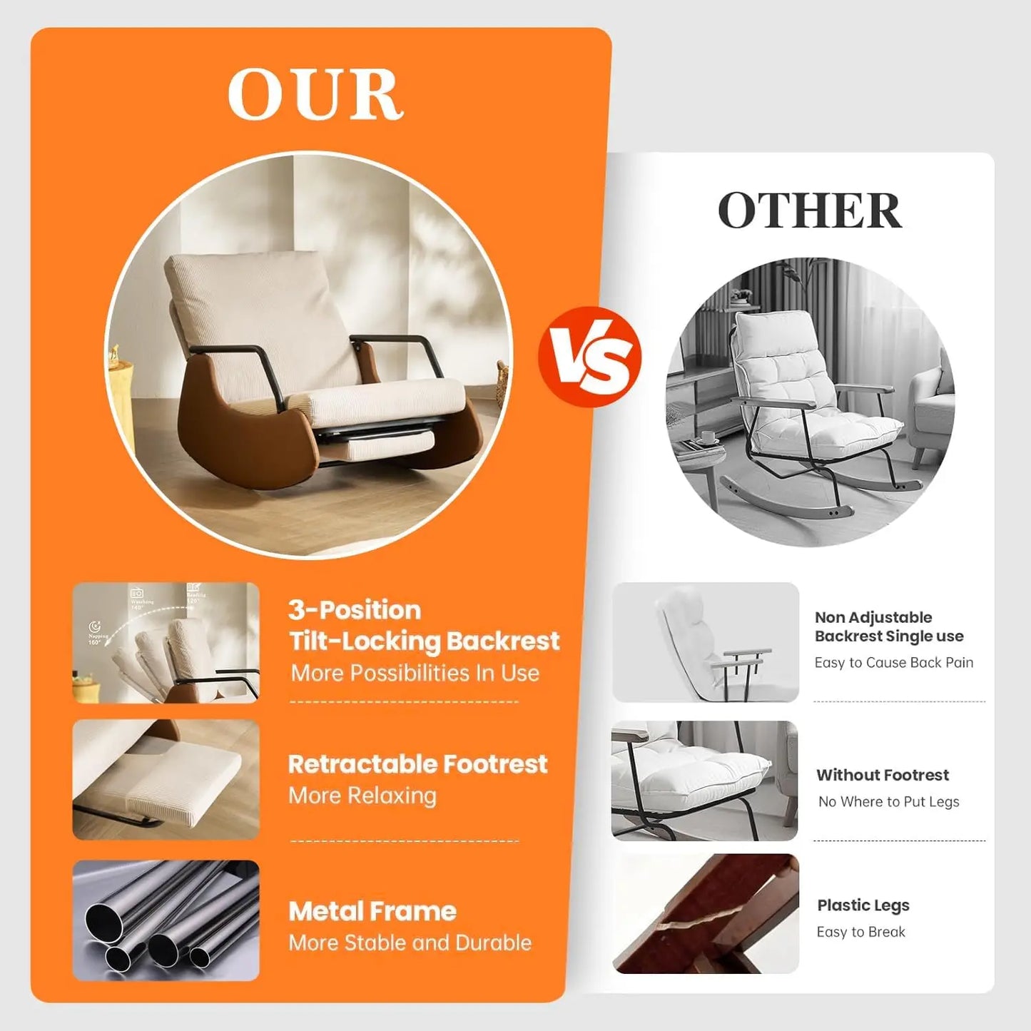 Nursery Rocking Chair with Adjustable Backrest and Footrest Soft Fabric Upholstered Small Glider Rocker Modern Living Room Armchair Bedroom Chair Brown Faux Leather Beige Corduroy