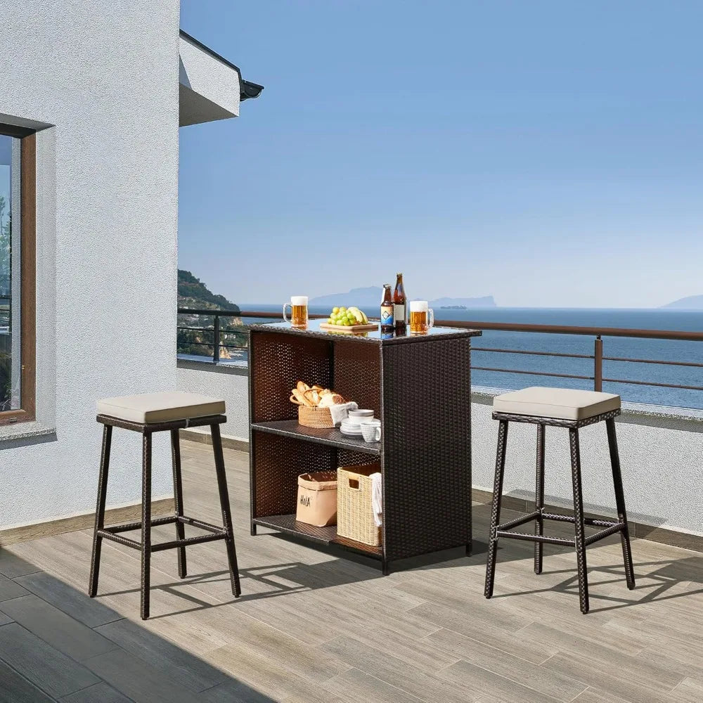 3 Piece Outdoor Bar Set Patio Wicker Bar Furniture with Glass Top Table Cushions and Two Stools Brown Khaki