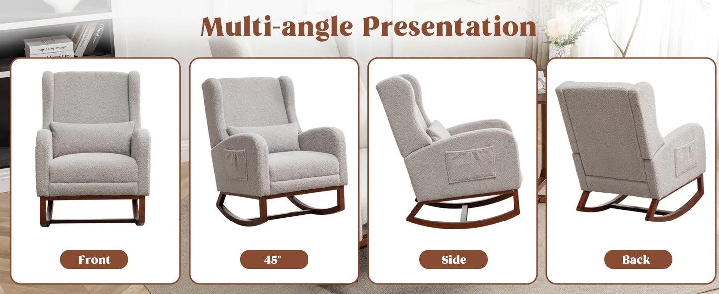 Rocking Chair Nursery with Foot Rest Wingback Nursery Rocking Chairs Teddy Nursing Glider Rocker Chair with Pillow and Adjustable Footrest