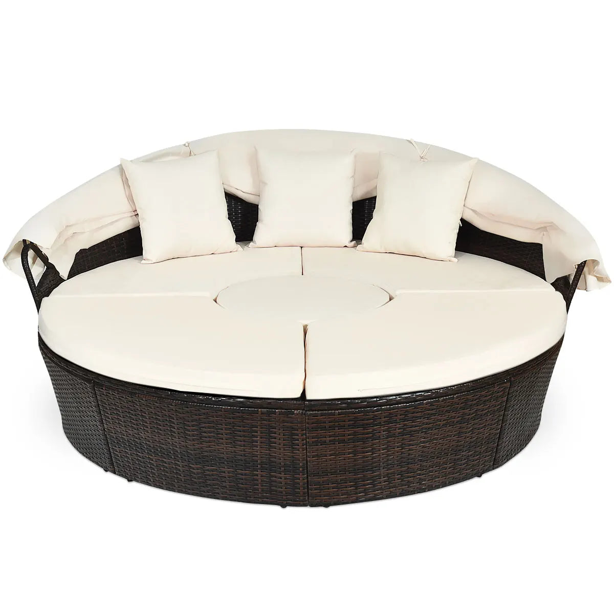 Patio Rattan Daybed Cushioned Sofa Adjustable Table Top Canopy with Three Pillows