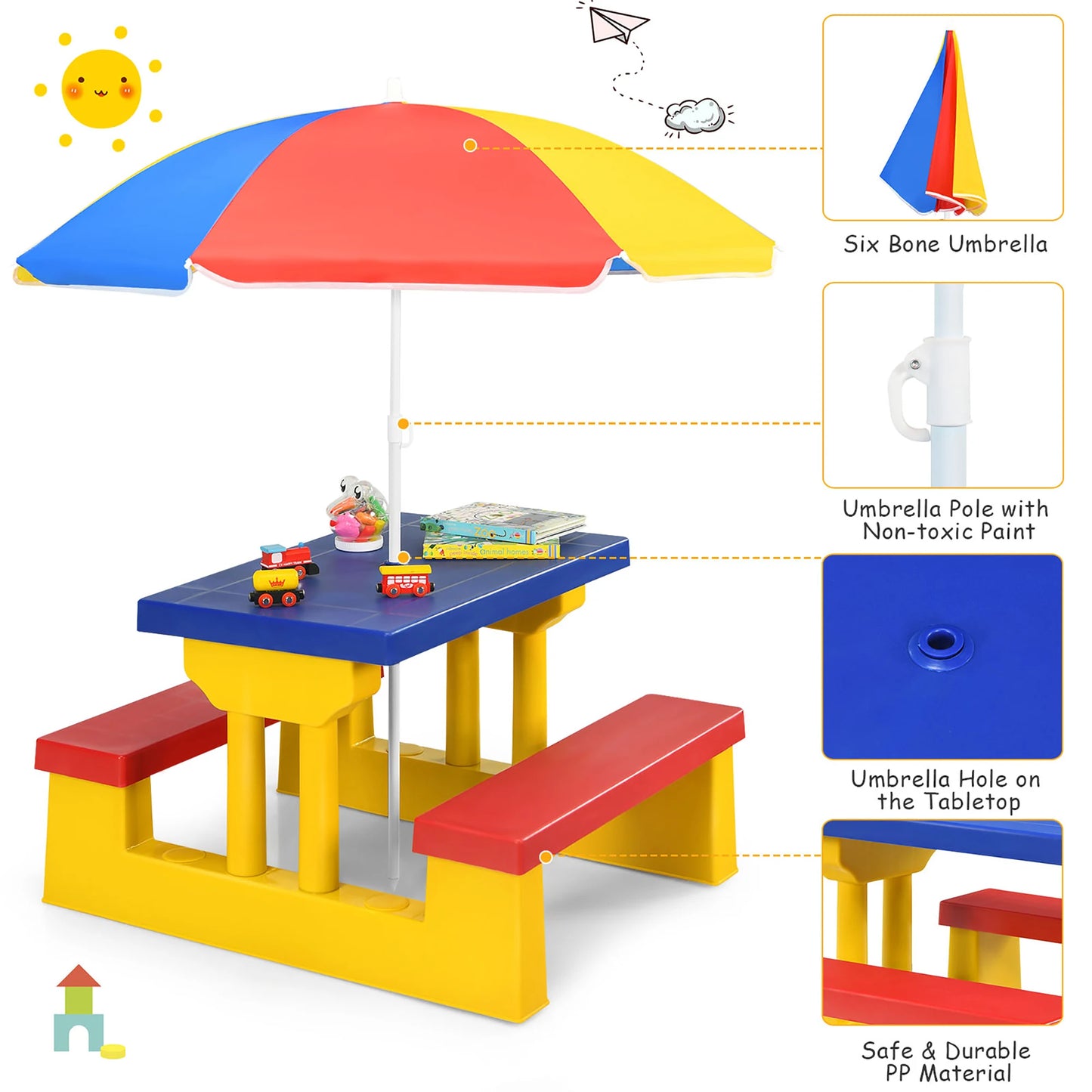 Kids Picnic Table Set With Removable Umbrella for Indoor Outdoor Garden Patio