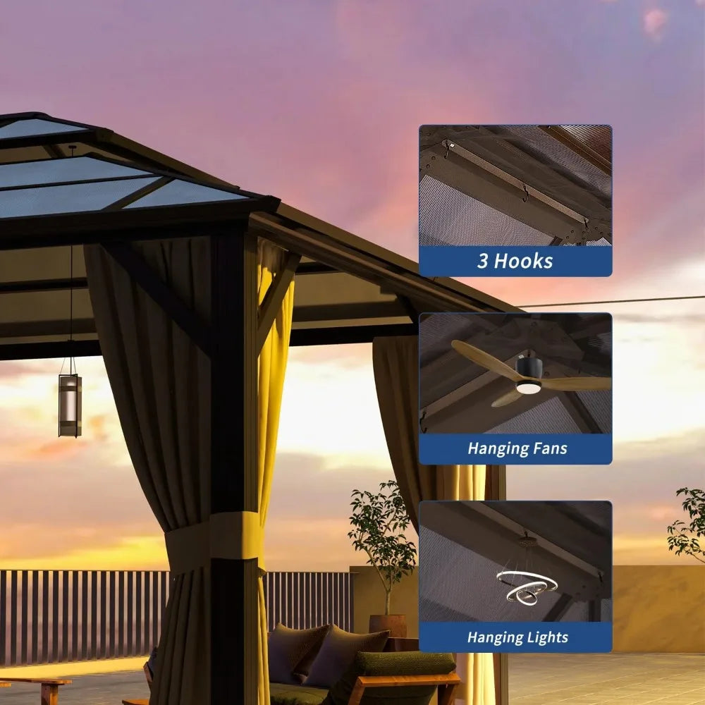 Hardtop Gazebo 10FT x 12FT Polycarbonate Double Top Canopy Aluminum Frame Permanent Pavilion with Curtains and Netting for Lawns