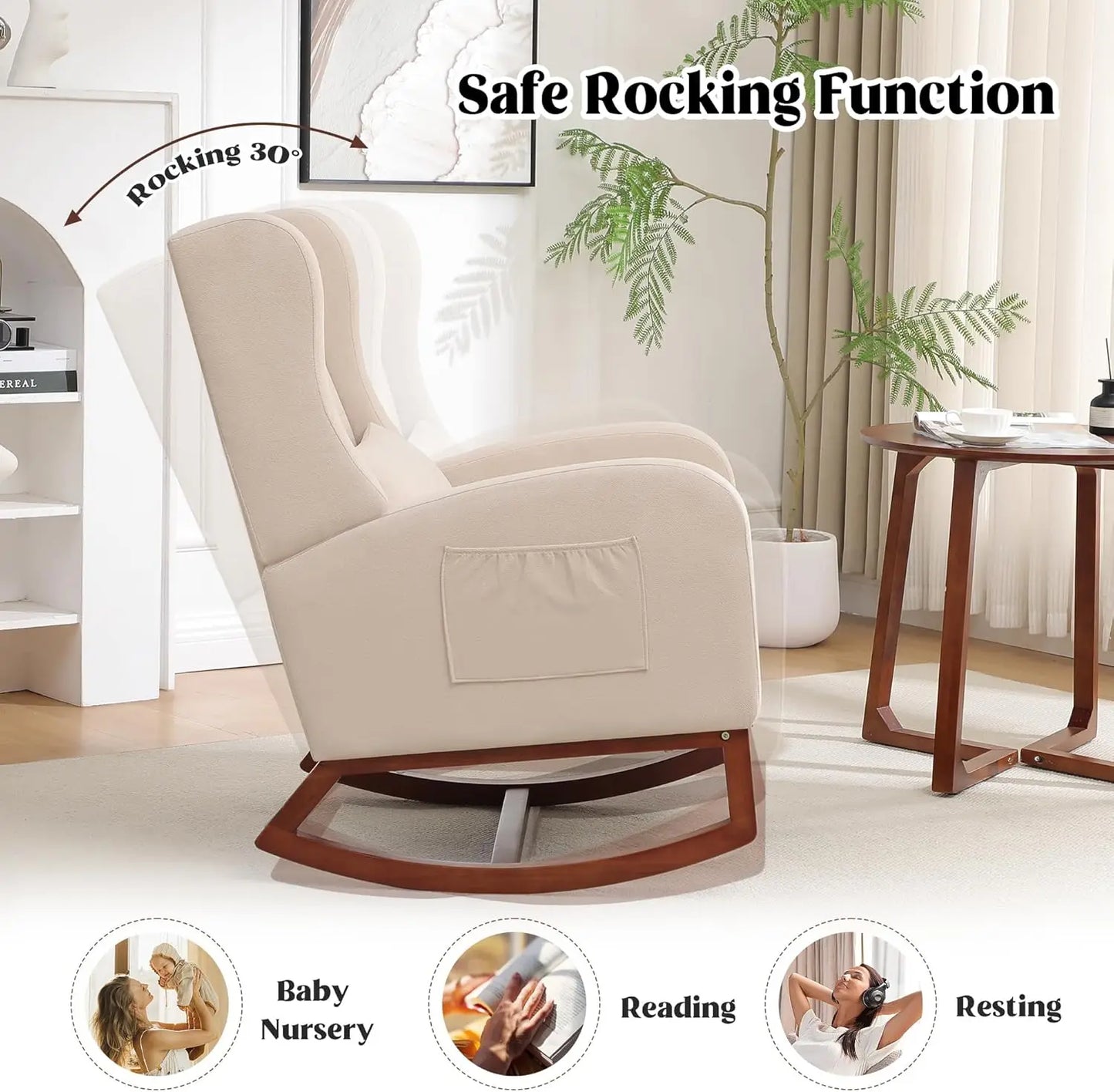 Rocking Chair Nursery with Foot Rest Wingback Nursery Rocking Chairs Teddy Nursing Glider Rocker Chair with Pillow and Adjustable Footrest