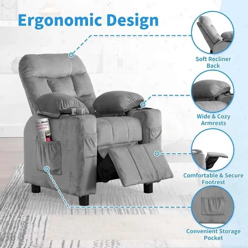 Toddlers Kids Recliner Chair Ergonomic Adjustable Chair with Footrest and Side Pockets Baby Sofa for Boys and Girls Bedroom Gray