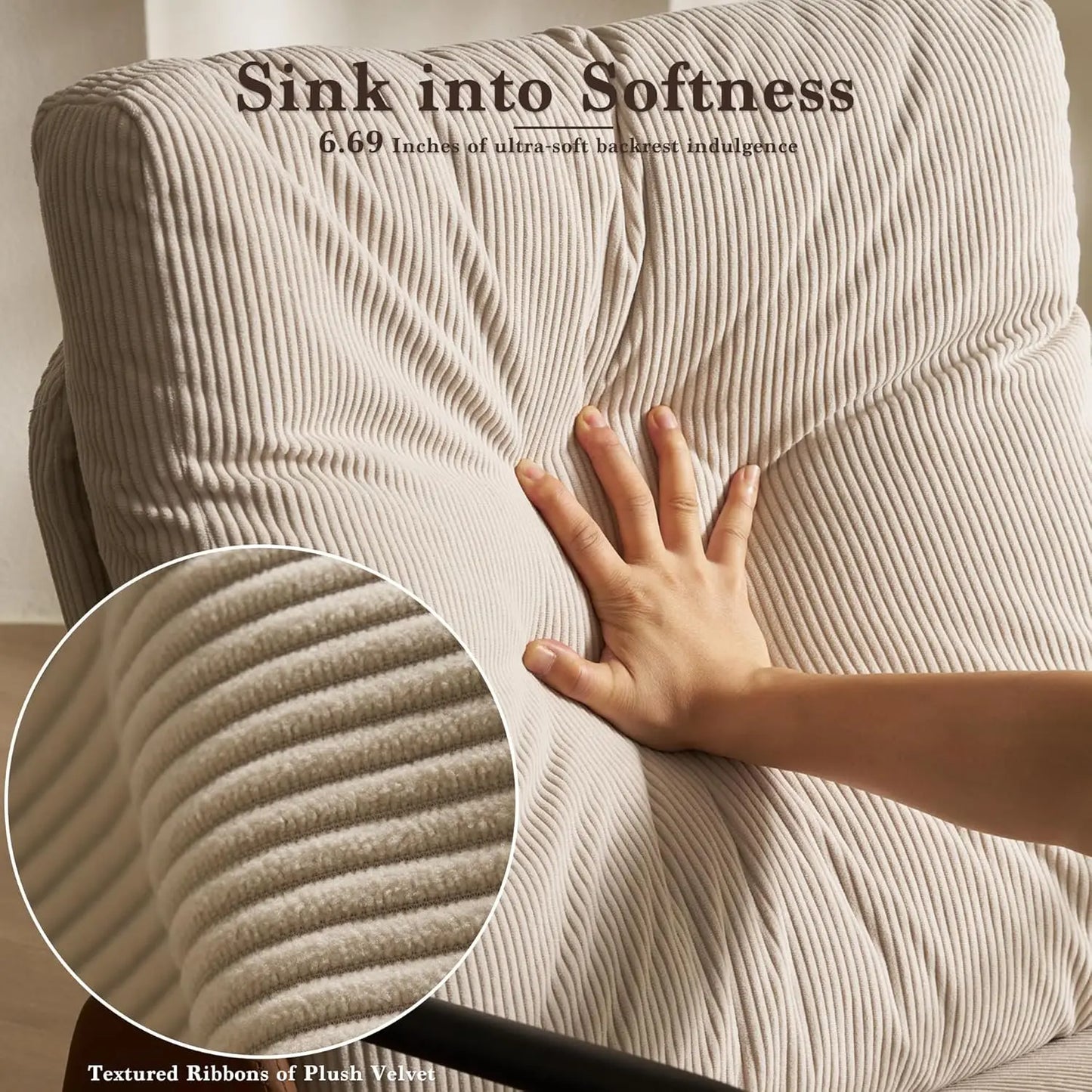 Nursery Rocking Chair with Adjustable Backrest and Footrest Soft Fabric Upholstered Small Glider Rocker Modern Living Room Armchair Bedroom Chair Brown Faux Leather Beige Corduroy