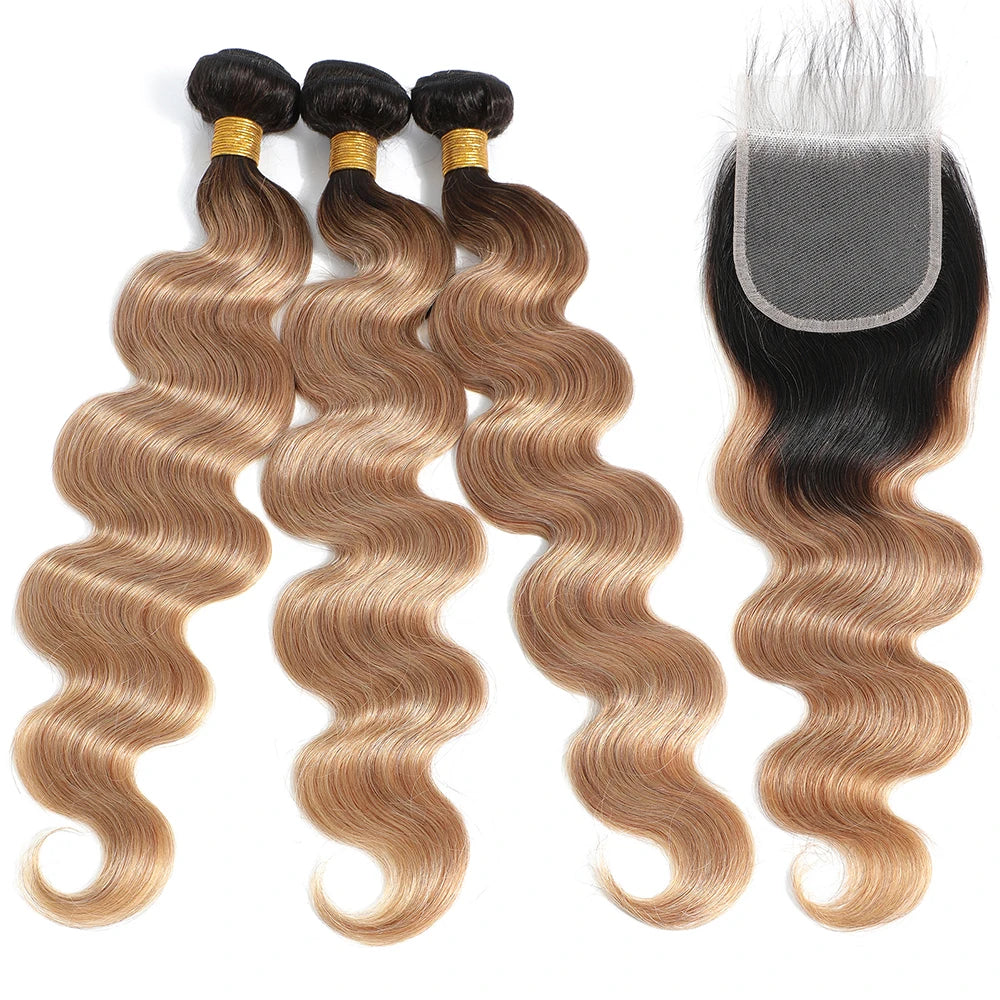 10A Brazilian Body Wave Bundles with 4x4 Lace Closure Brown Blonde Remy Human Hair
