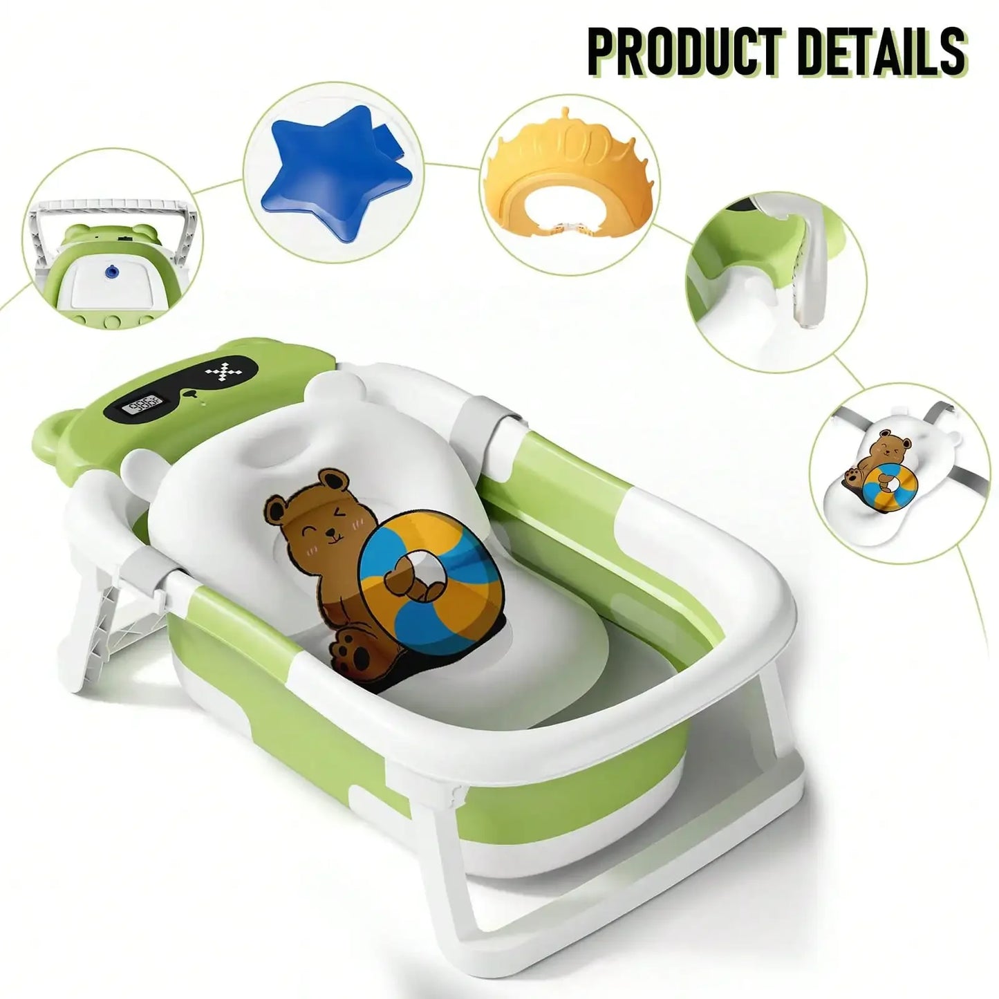 Folding Baby Bathtub with Thermometer and Cushion Support