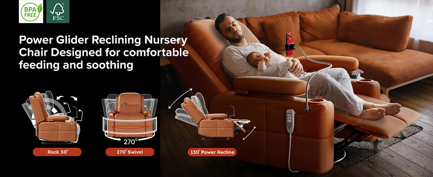 MAMAZING Electric Nursery Glider Recliner Breastfeeding Chair with USB Port Adjustable Armrests and Storage FSC Certified Mocha