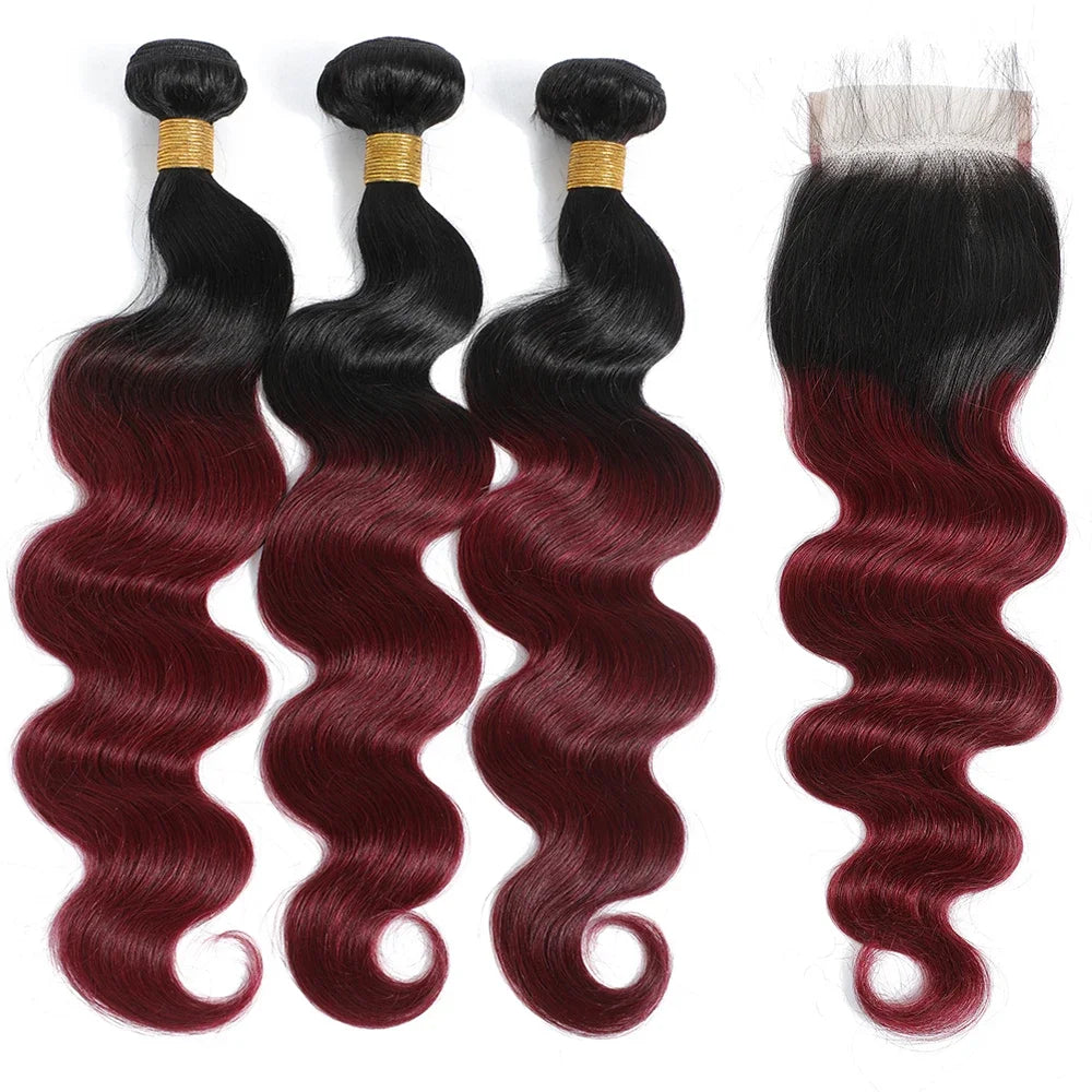 1B99J Body Wave Bundles With Closure Brazilian Human Hair Weave 4x4 Lace Closure 3/4 Bundles Remy Hair Extensions