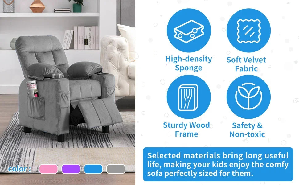 Toddlers Kids Recliner Chair Ergonomic Adjustable Chair with Footrest and Side Pockets Baby Sofa for Boys and Girls Bedroom Gray