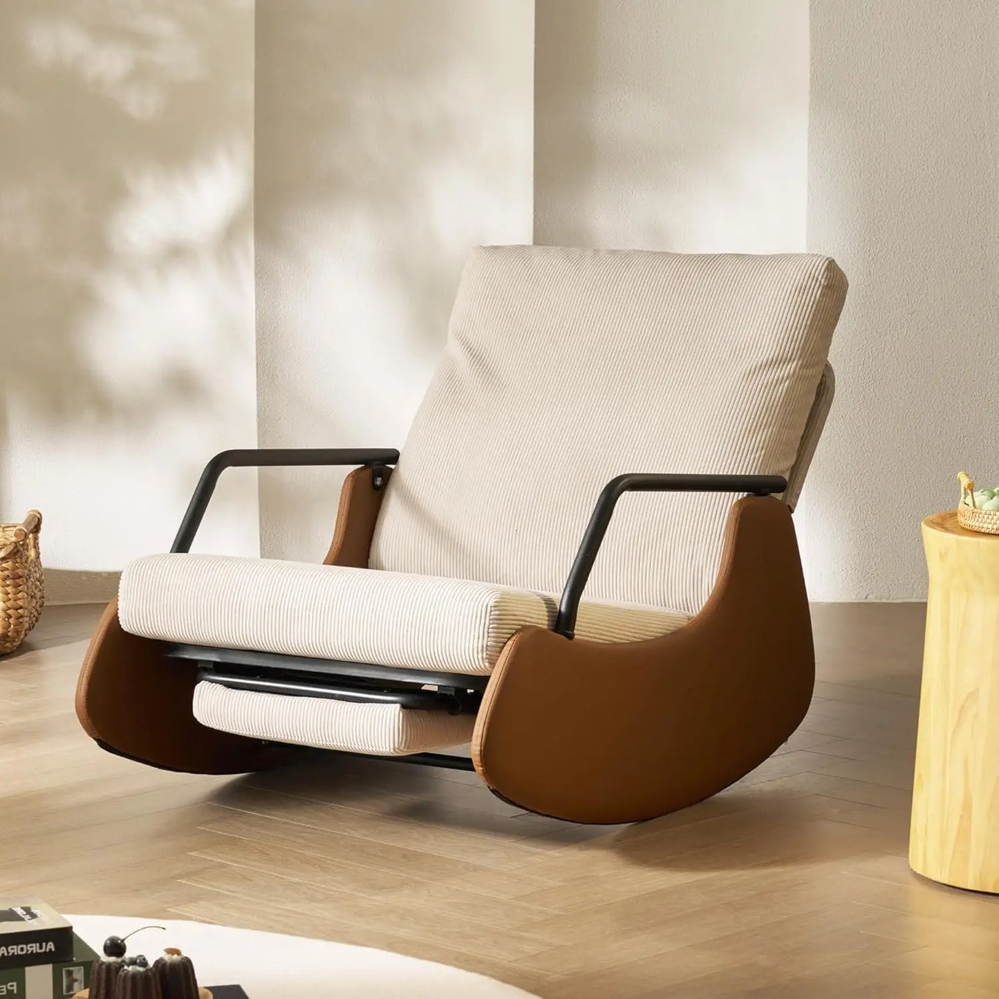 Nursery Rocking Chair with Adjustable Backrest and Footrest Soft Fabric Upholstered Small Glider Rocker Modern Living Room Armchair Bedroom Chair Brown Faux Leather Beige Corduroy