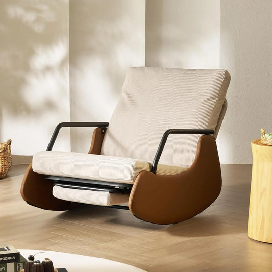 Nursery Rocking Chair with Adjustable Backrest and Footrest Soft Fabric Upholstered Small Glider Rocker Modern Living Room Armchair Bedroom Chair Brown Faux Leather Beige Corduroy
