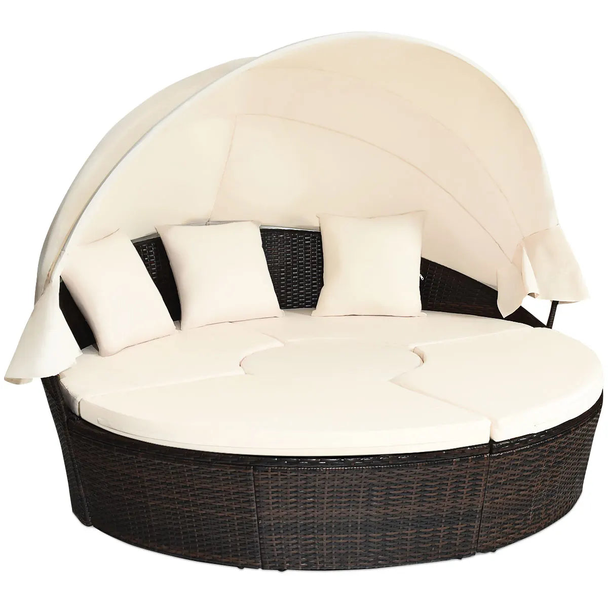 Patio Rattan Daybed Cushioned Sofa Adjustable Table Top Canopy with Three Pillows