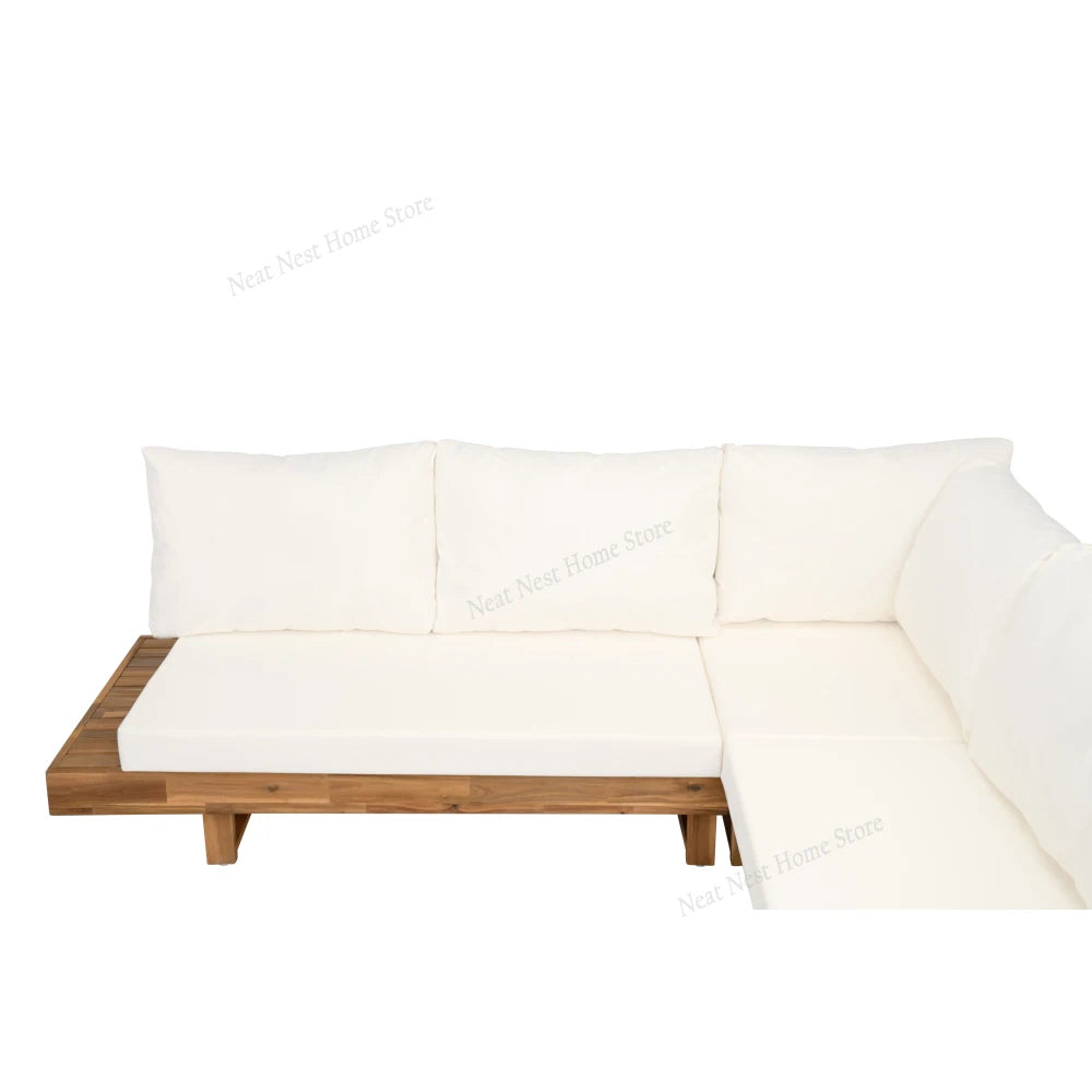 4 Piece Acacia Wood Patio Furniture L Shaped Sectional Sofa Set with Coffee Table and Built in Side Table