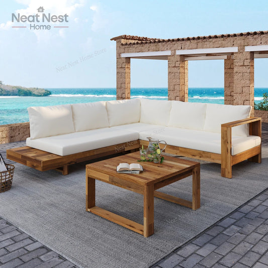 4 Piece Acacia Wood Patio Furniture L Shaped Sectional Sofa Set with Coffee Table and Built in Side Table