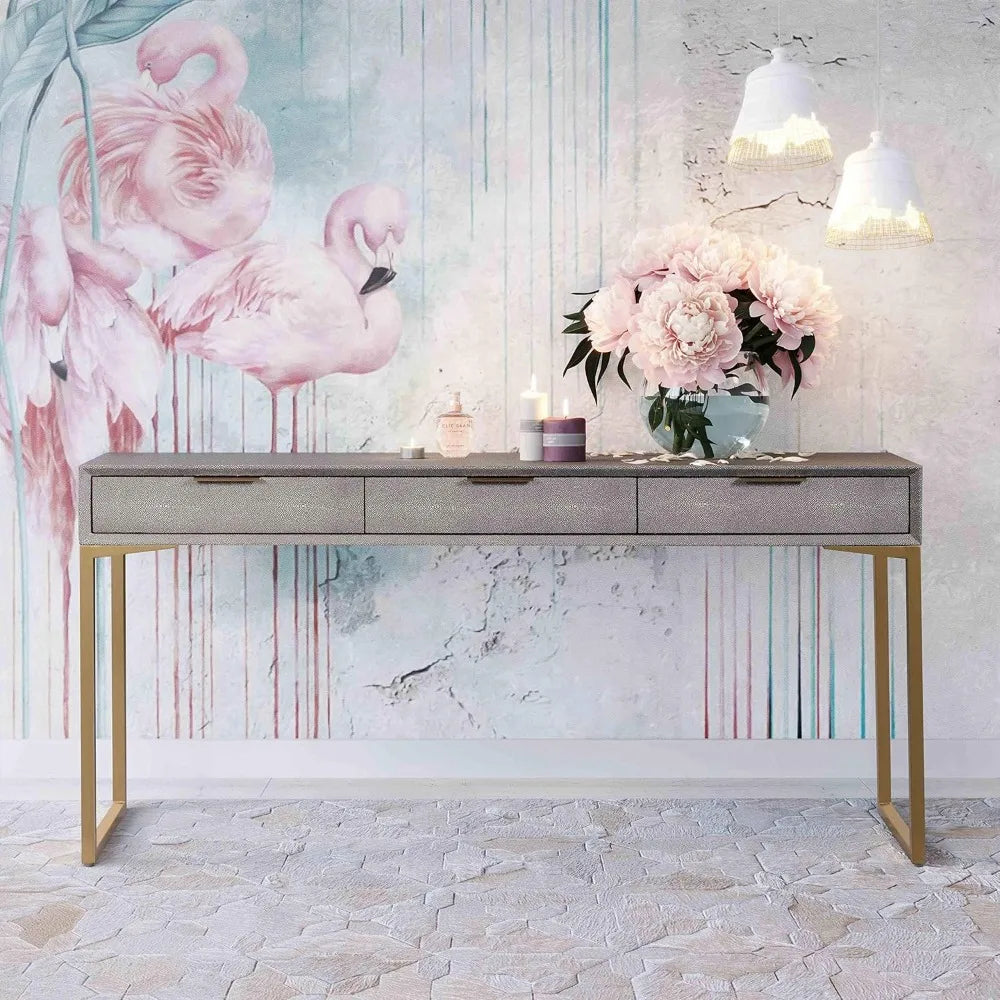 TOV Furniture Pesce Shagreen Modern 3 Drawer Living Room Console Table 59 Inch Grey