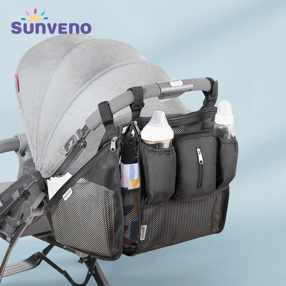 Sunveno Baby Stroller Organizer Bag Infant Pram Cart Storage Bag with Insulated Pockets and 7 Pockets for Stroller Accessories