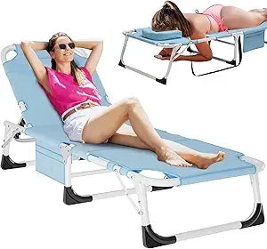 Heavy Duty Tanning Chair with Face Hole Adjustable 5 Position Folding Chaise Lounge for Outdoor Portable Lay Flat Beach