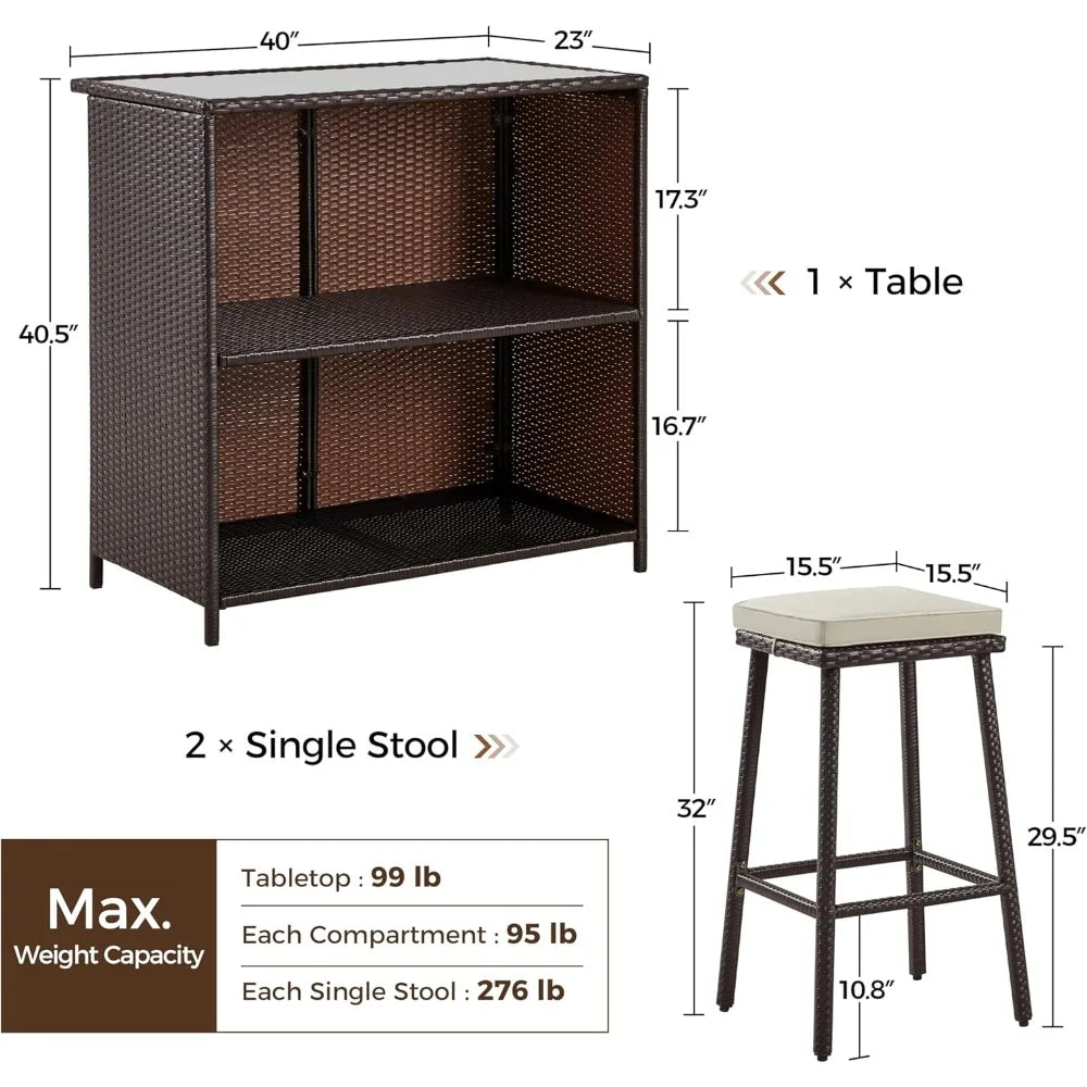 3 Piece Outdoor Bar Set Patio Wicker Bar Furniture with Glass Top Table Cushions and Two Stools Brown Khaki