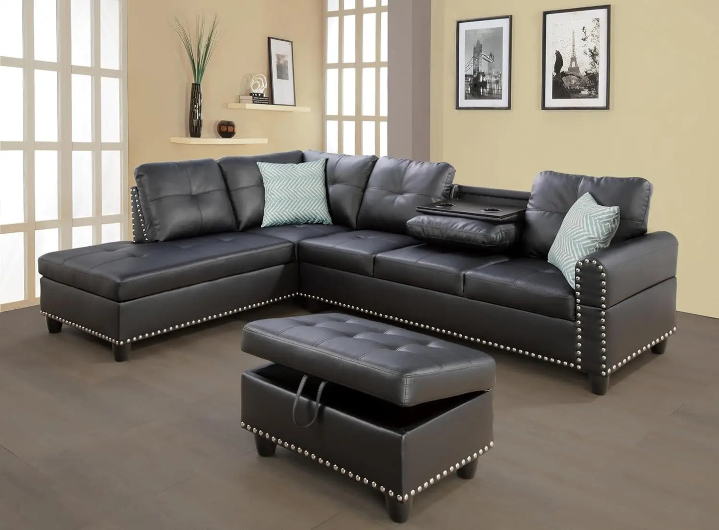 Sectional Sofa Couch Modern 4-Seaters Living Room Furniture Sets with Chaise Lounge Ottoman and 2 Pillows L Shape Couch