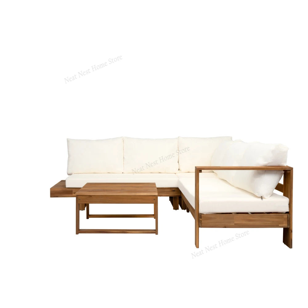 4 Piece Acacia Wood Patio Furniture L Shaped Sectional Sofa Set with Coffee Table and Built in Side Table