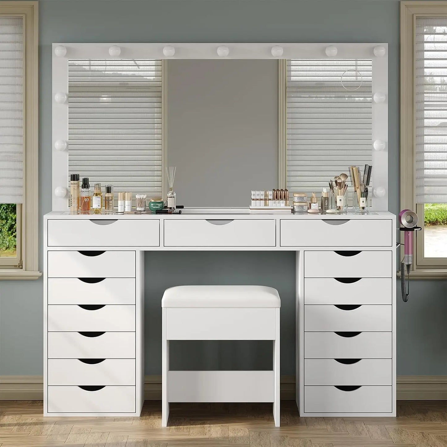 Vanity Desk with Mirror and Lights Makeup Table with Charging Station 3 Color Lighting Modes 15 Drawers Dressing Table with Chair for Bedroom White